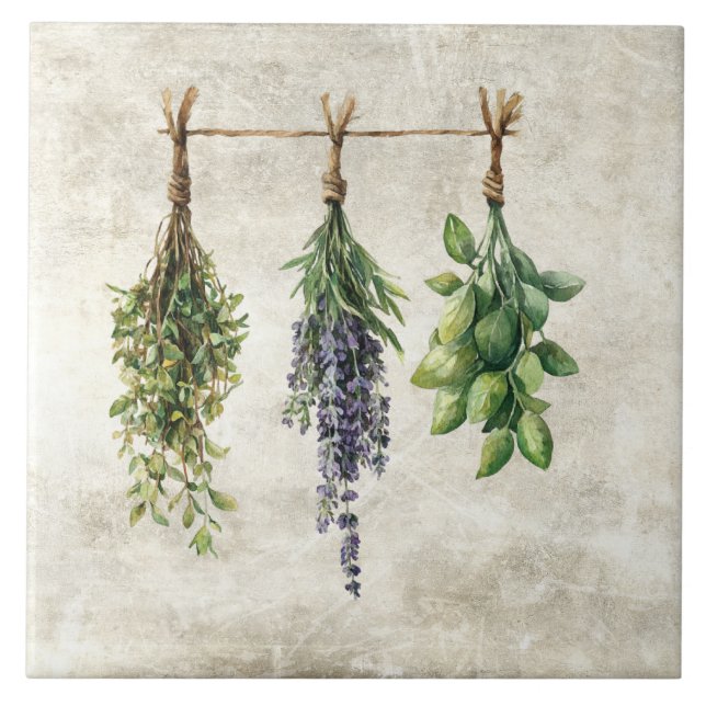 Rustic Watercolor Herbs Flowers  Ceramic Tile (Front)
