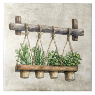 Rustic Watercolor Herbs Hanging  Ceramic Tile