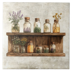 Rustic Watercolor Herbs in Jars Design Ceramic Tile