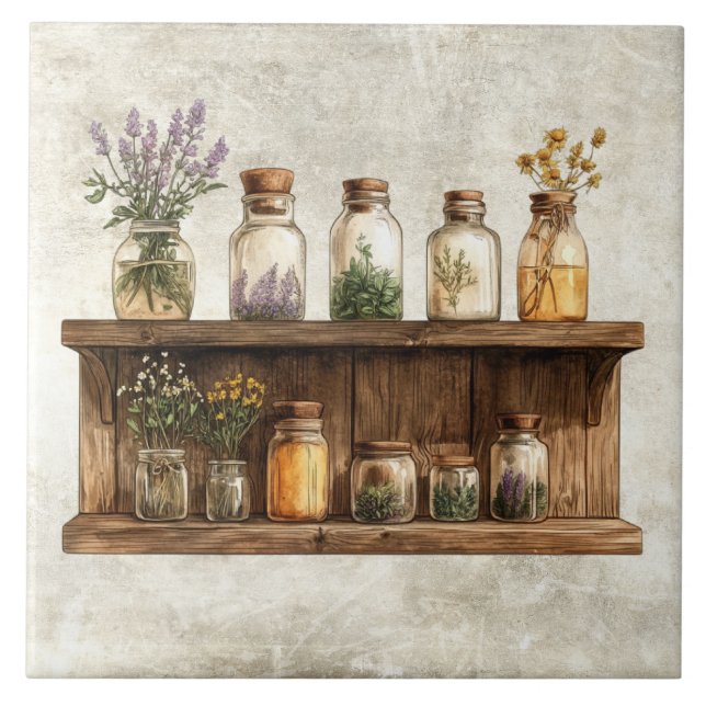 Rustic Watercolor Herbs in Jars Design Ceramic Tile (Front)