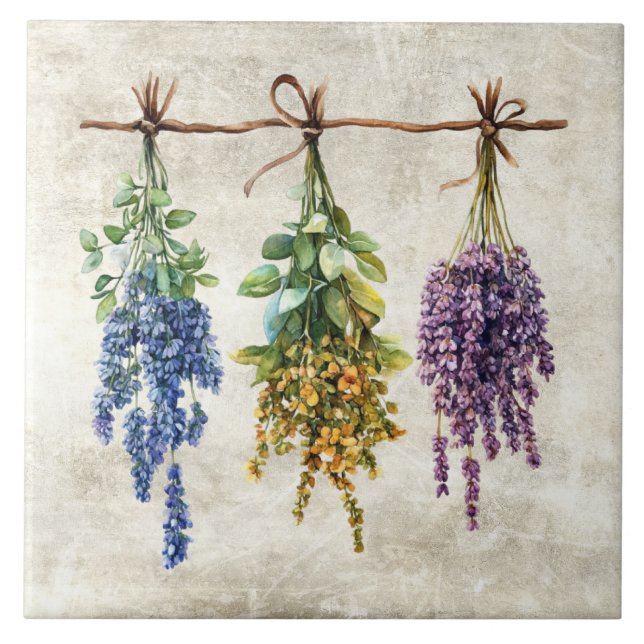 Rustic Watercolor Herbs with Twine Design Ceramic Tile (Front)