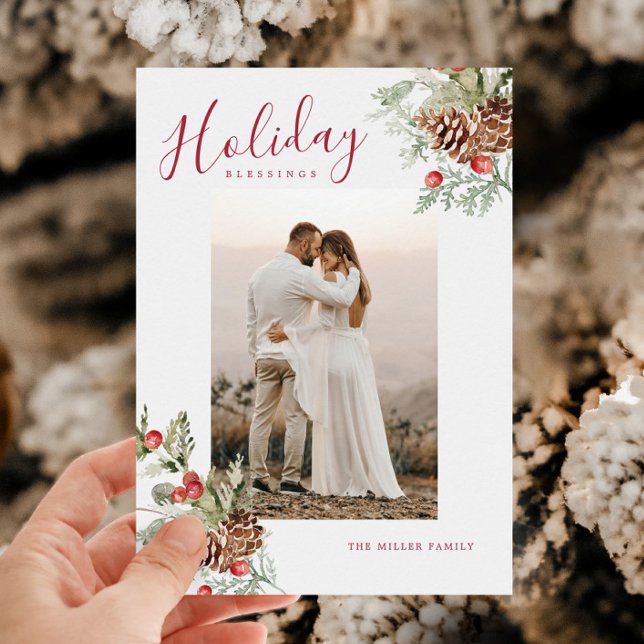 Rustic Watercolor Holiday Blessings Photo Card (Rustic Watercolor Holiday Blessings Photo Card)