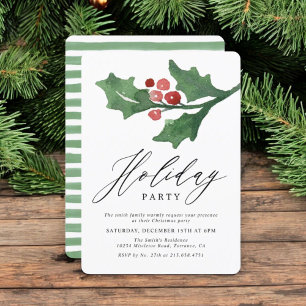 Rustic Watercolor Holly Christmas   Holiday Party Invitation