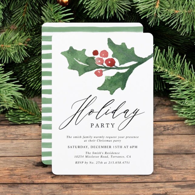 Rustic Watercolor Holly Christmas | Holiday Party Invitation (Creator Uploaded)