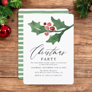 Rustic Watercolor Holly Holiday Christmas Party Invitation