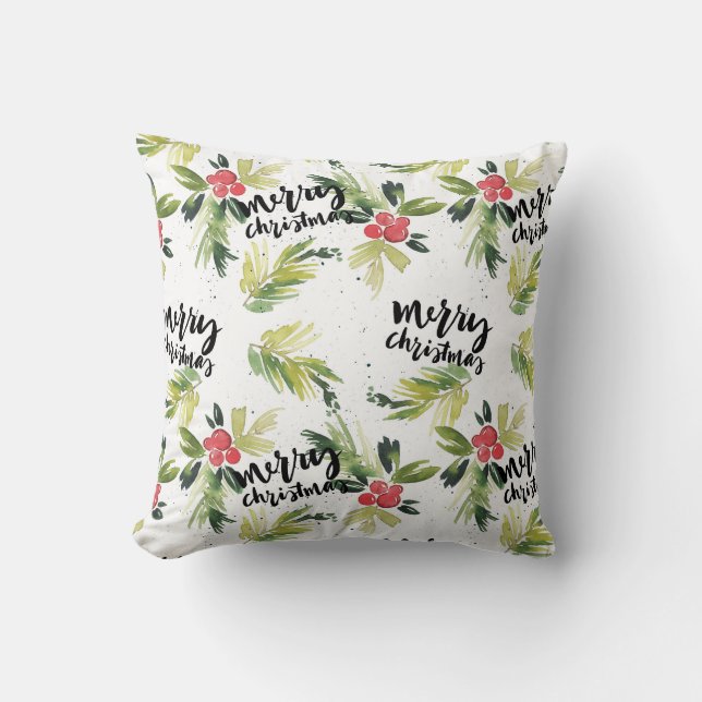 Rustic Watercolor Holly Pattern Merry Christmas Cushion (Front)
