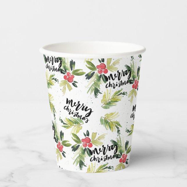 Rustic Watercolor Holly Pattern Merry Christmas Paper Cups (Front)