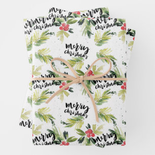 Rustic Watercolor Holly Pattern Merry Christmas Wrapping Paper Sheet