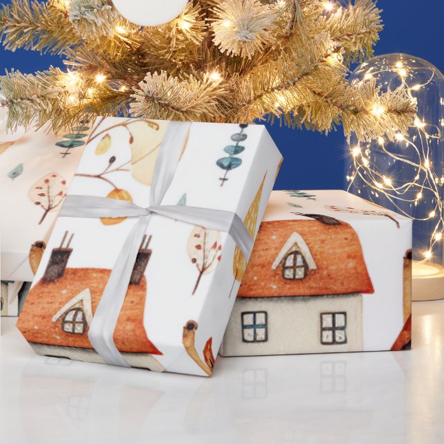 Rustic Watercolor Homes and Trees Wrapping Paper (Holidays)