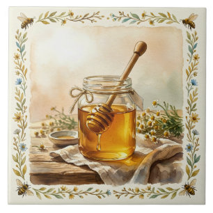 Rustic Watercolor Honey Jar Ceramic Tile