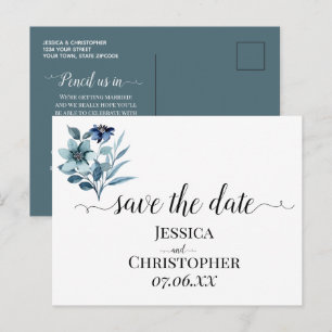 Rustic Watercolor Illustration Blue Floral Bouquet Announcement Postcard