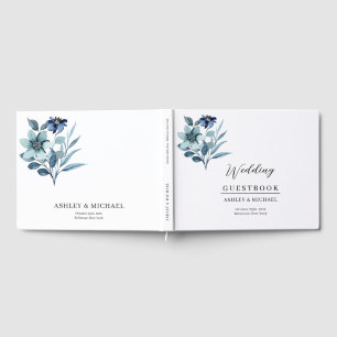 Rustic Watercolor Illustration Blue Floral Bouquet Guest Book