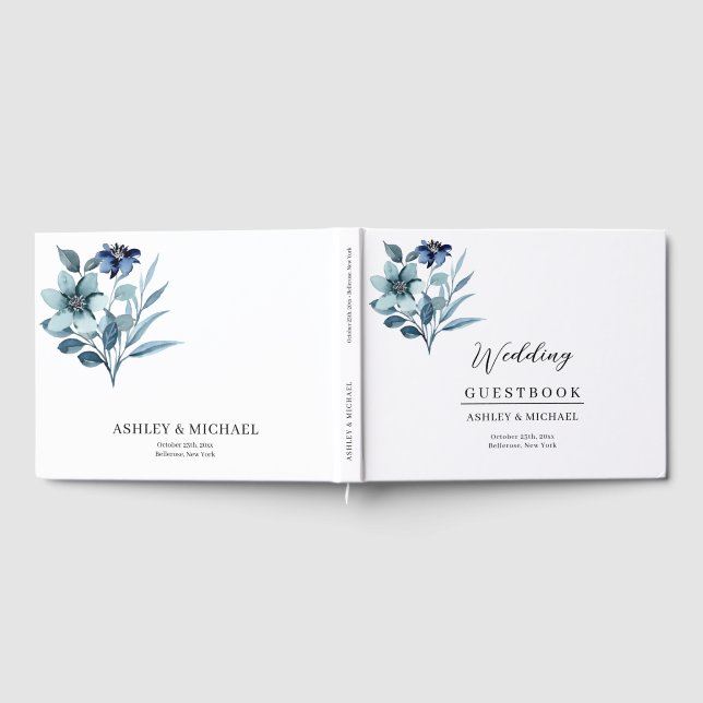 Rustic Watercolor Illustration Blue Floral Bouquet Guest Book (Full)