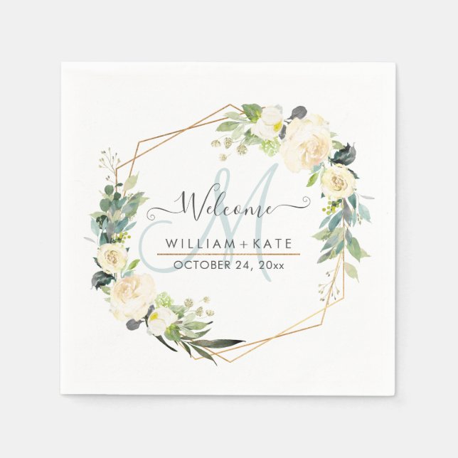 Rustic Watercolor Ivory Cream Roses Monogram Napkin (Front)
