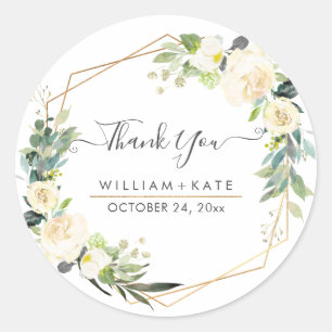 Rustic Watercolor Ivory Cream RosesThank You Classic Round Sticker
