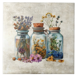 Rustic Watercolor Jars with Herbs Flowers Ceramic Tile