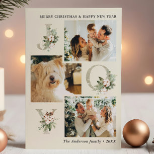 Rustic Watercolor Joy 3-Photo Christmas Holiday Card