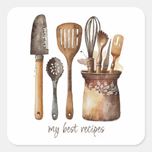 Rustic Watercolor Kitchen Utensils Food Label