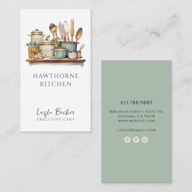 Rustic Watercolor Kitchenware Catering Business Card (Front/Back)