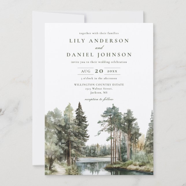 Rustic Watercolor Lake Forest Wedding QR Code Invitation (Front)