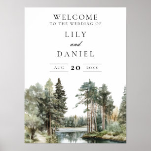 Rustic Watercolor Lake Forest Wedding Welcome Sign