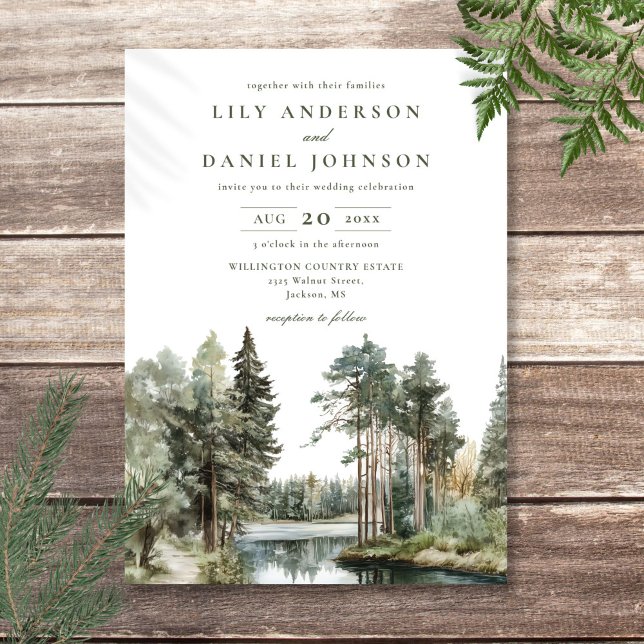 Rustic Watercolor Lake Forest Woodland Wedding Invitation (Rustic Watercolor Lake Forest Woodland Wedding Invitation)