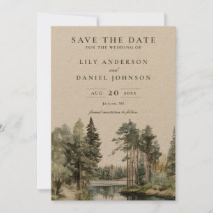 Rustic Watercolor Lake Forest Woodland Wedding Save The Date