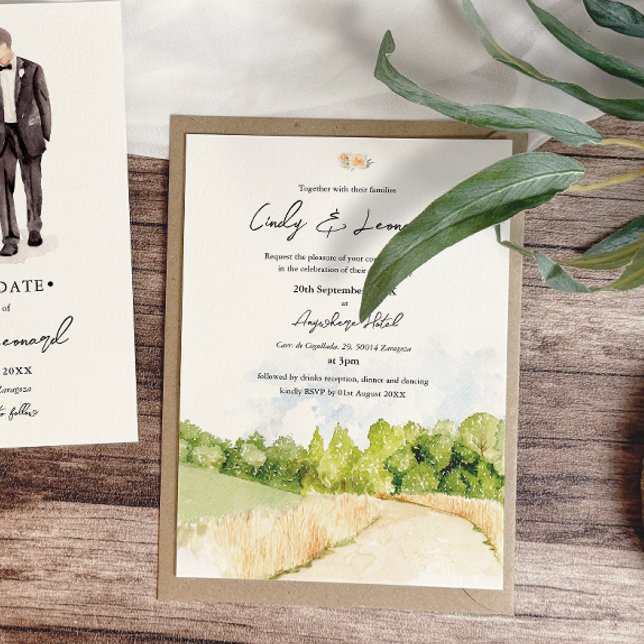 Rustic Watercolor Landscape Wedding Invitation (Creator Uploaded)