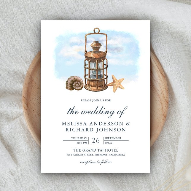 Rustic Watercolor Lantern Nautical Wedding Invitation (Creator Uploaded)