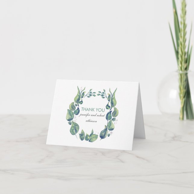 Rustic Watercolor Laurel Wreath Wedding Thank You (Front)