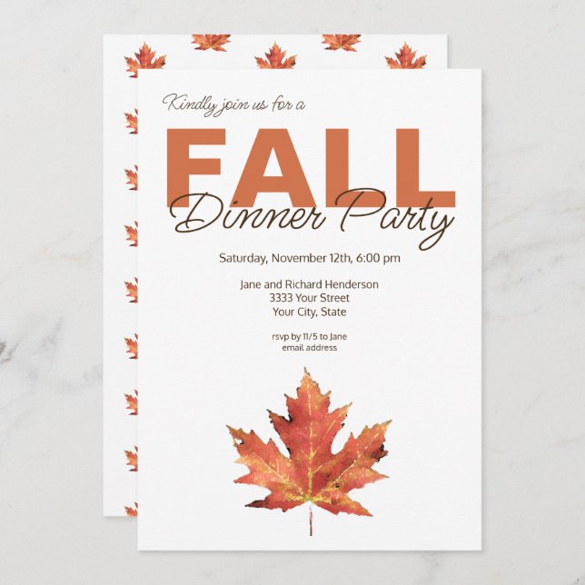 Rustic Watercolor Leaf Fall Dinner Party Invitation (Front/Back)