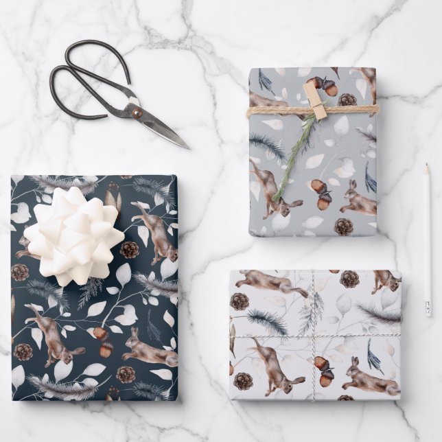 Rustic Watercolor Leaping Hare Winter Wrapping Paper Sheet (Front)
