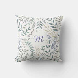 Rustic Watercolor Leaves and Foliage Monogram Cushion