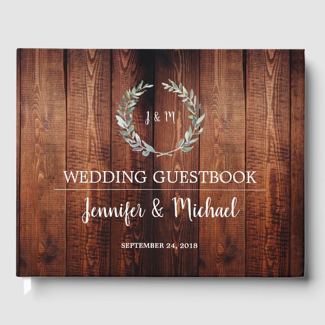 Rustic Watercolor leaves dark barn wood Wedding Guest Book (Front)