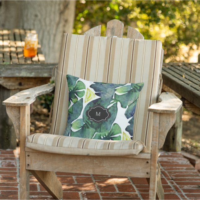 Rustic watercolor leaves family monogram cushion (Chair)