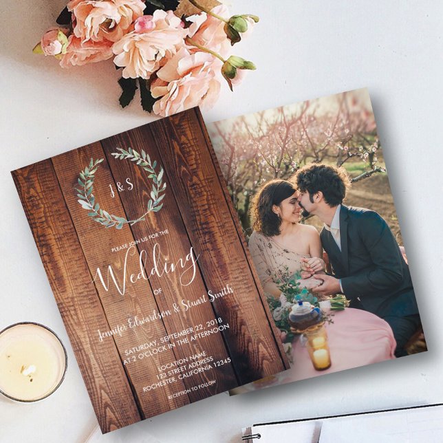 Rustic watercolor leaves monogram photo Wedding Invitation (Creator Uploaded)