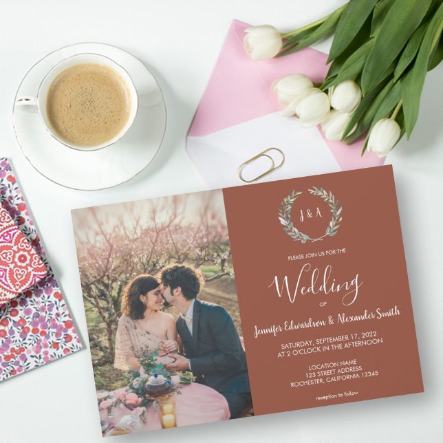 Rustic watercolor leaves monogram photo Wedding Invitation (Creator Uploaded)