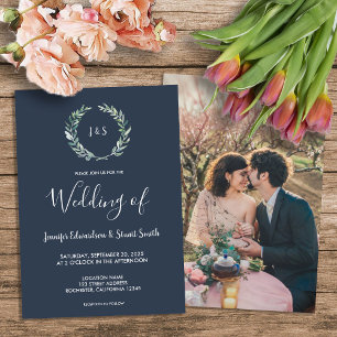 Rustic watercolor leaves monogram photo Wedding Invitation