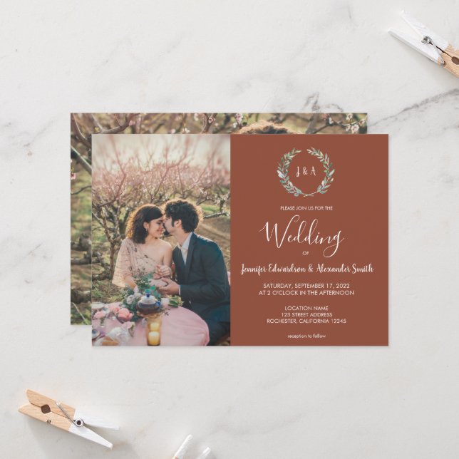 Rustic watercolor leaves monogram photo Wedding Invitation (Front/Back In Situ)