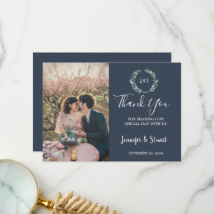 Rustic watercolor leaves monogram photo wedding thank you card