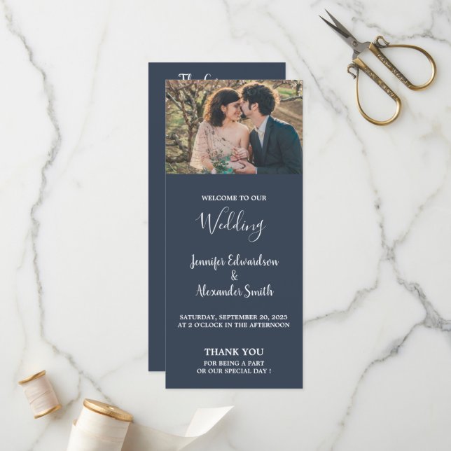 Rustic watercolor leaves navy blue photo wedding program (Front/Back In Situ)