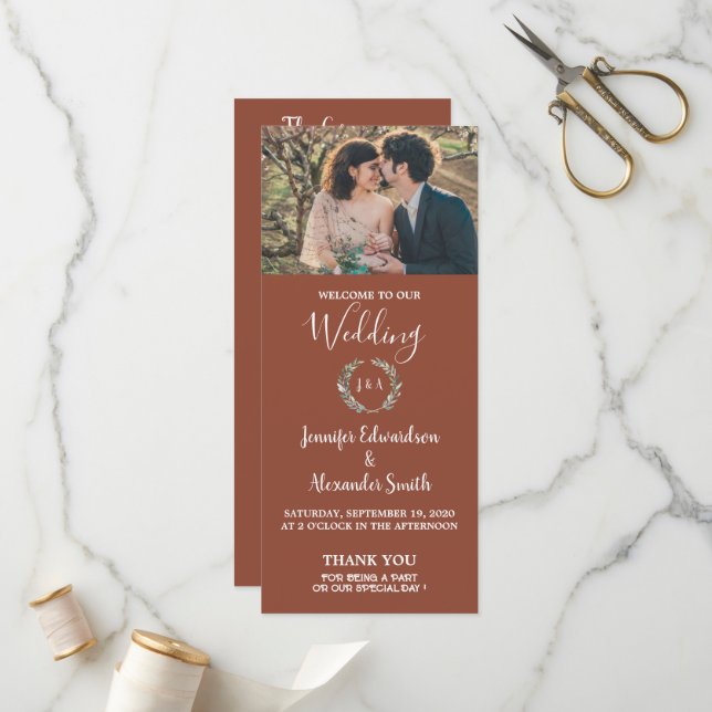 Rustic watercolor leaves photo country wedding program (Front/Back In Situ)