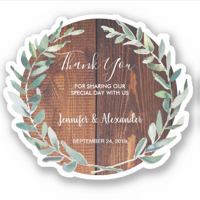 Rustic Watercolor leaves wood Thank You wedding (Front)