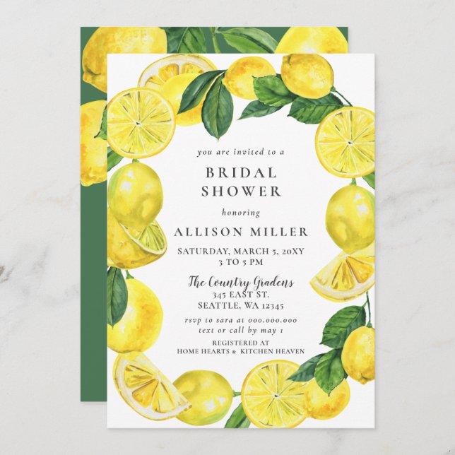 Rustic Watercolor Lemon Wreath Bridal Shower Invitation (Front/Back)