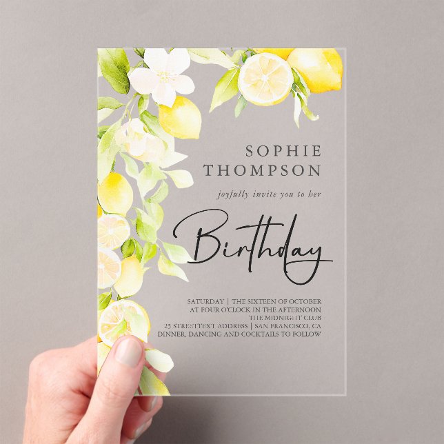 Rustic watercolor lemons birthday acrylic invitations (Insitu (Handheld))