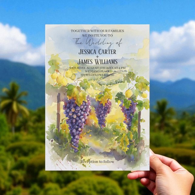 Rustic Watercolor Lemons Grapes Vineyard Wedding Invitation (Creator Uploaded)