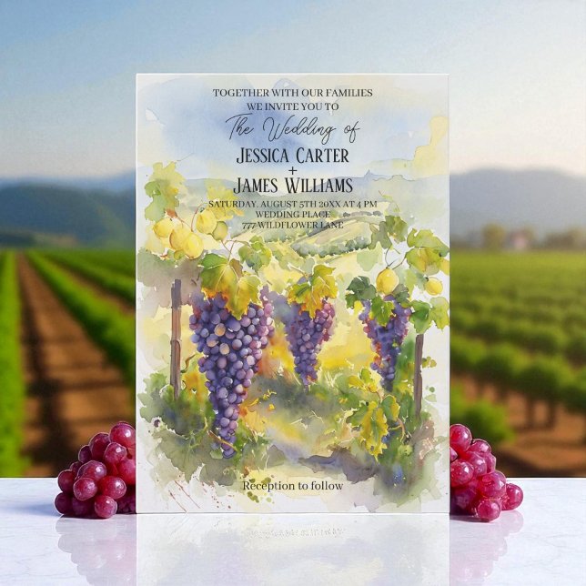 Rustic Watercolor Lemons Grapes Vineyard Wedding Invitation (Creator Uploaded)