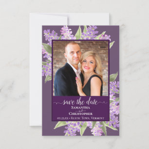 Rustic Watercolor Lilacs & Photo Purple Wedding Save The Date