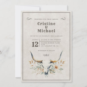 Rustic watercolor longhorn skull wedding invitation