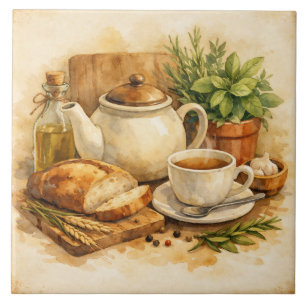 Rustic Watercolor Mediterranean Breakfast Ceramic Tile